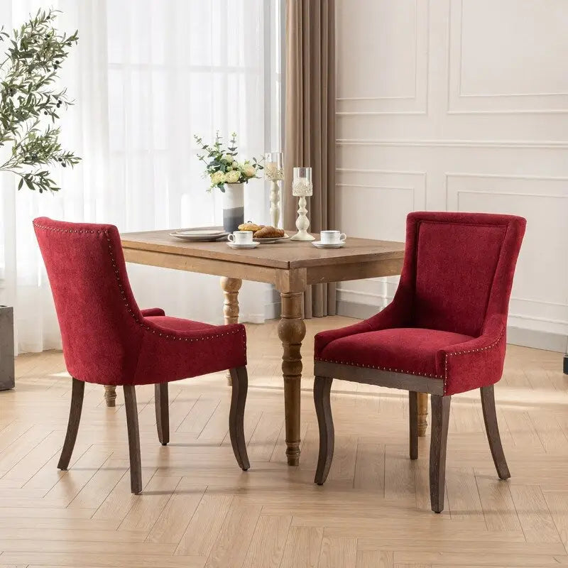 Chaises de salle à manger en tissu épais avec pieds en bois massif, clous décoratifs couleur bronze