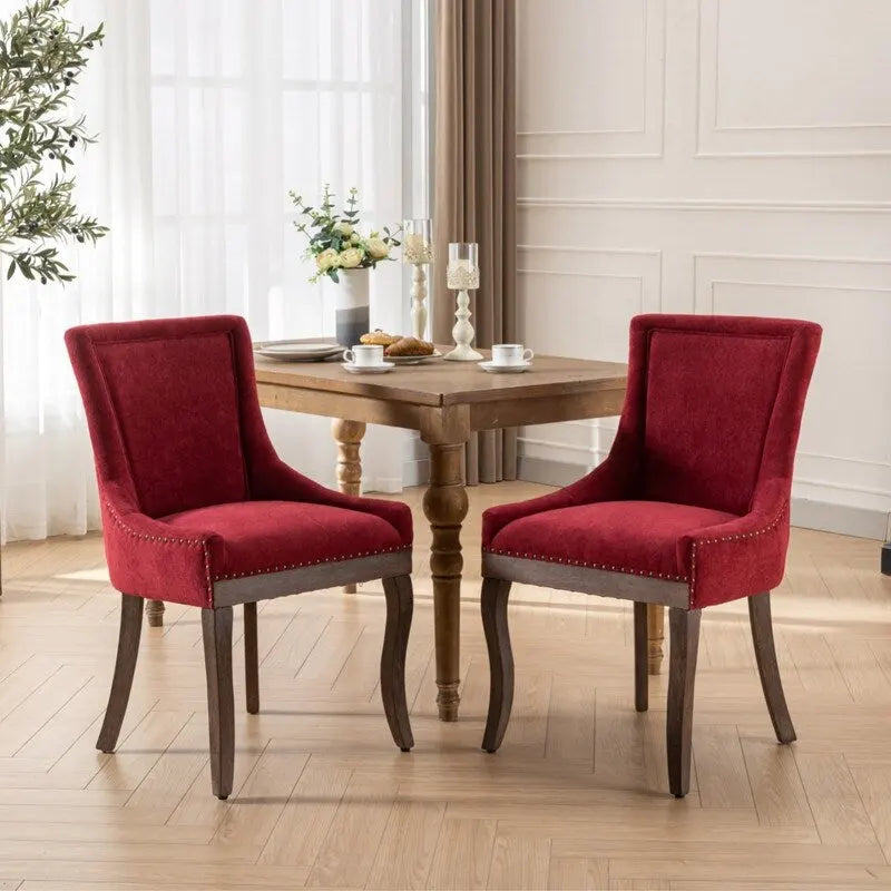 Chaises de salle à manger en tissu épais avec pieds en bois massif, clous décoratifs couleur bronze