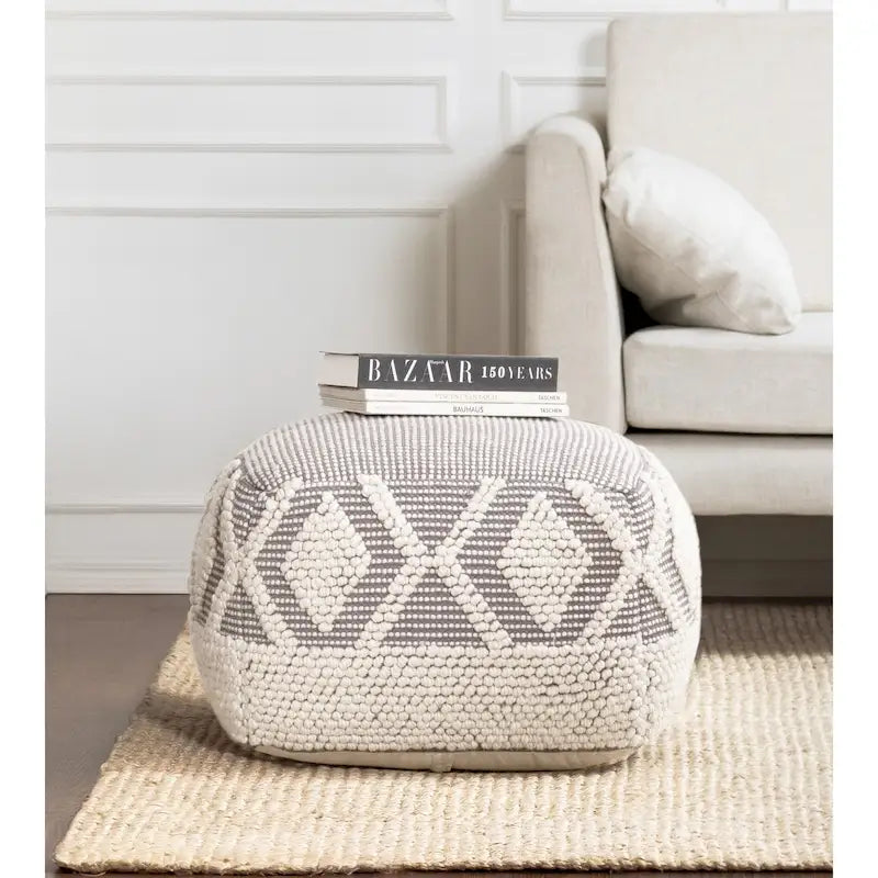 Pouf ottoman carré gris et ivoire - Repose-pieds fait main