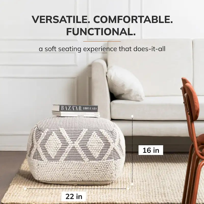 Pouf ottoman carré gris et ivoire - Repose-pieds fait main