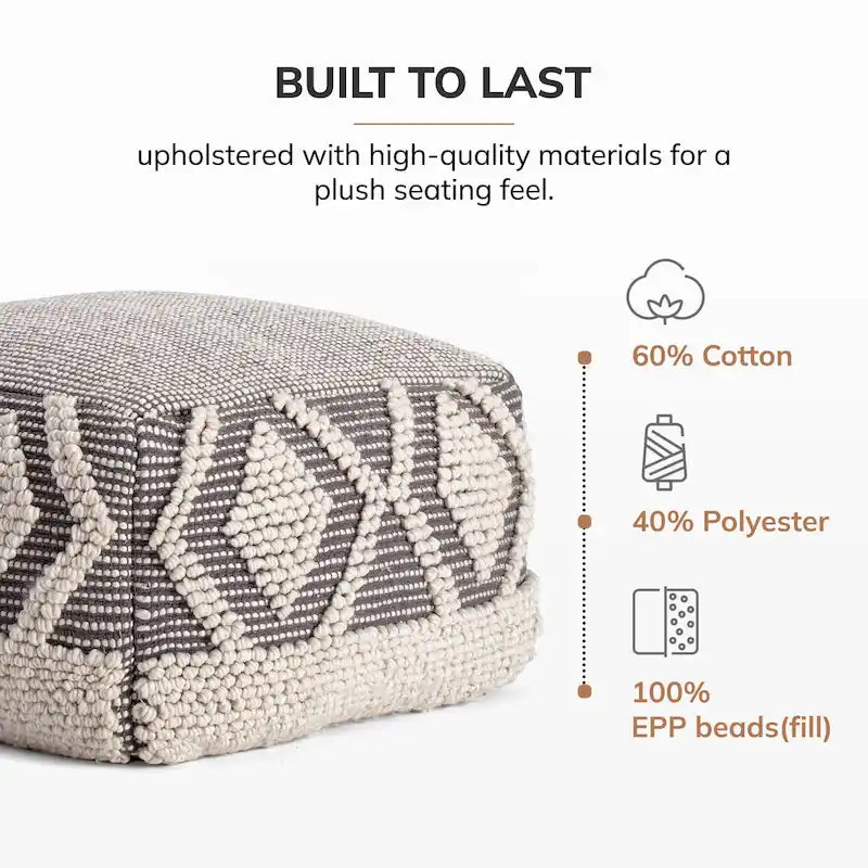 Pouf ottoman carré gris et ivoire - Repose-pieds fait main