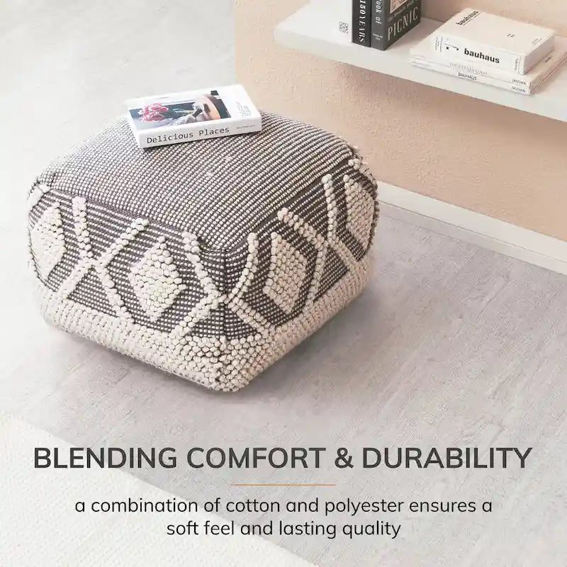 Pouf ottoman carré gris et ivoire - Repose-pieds fait main