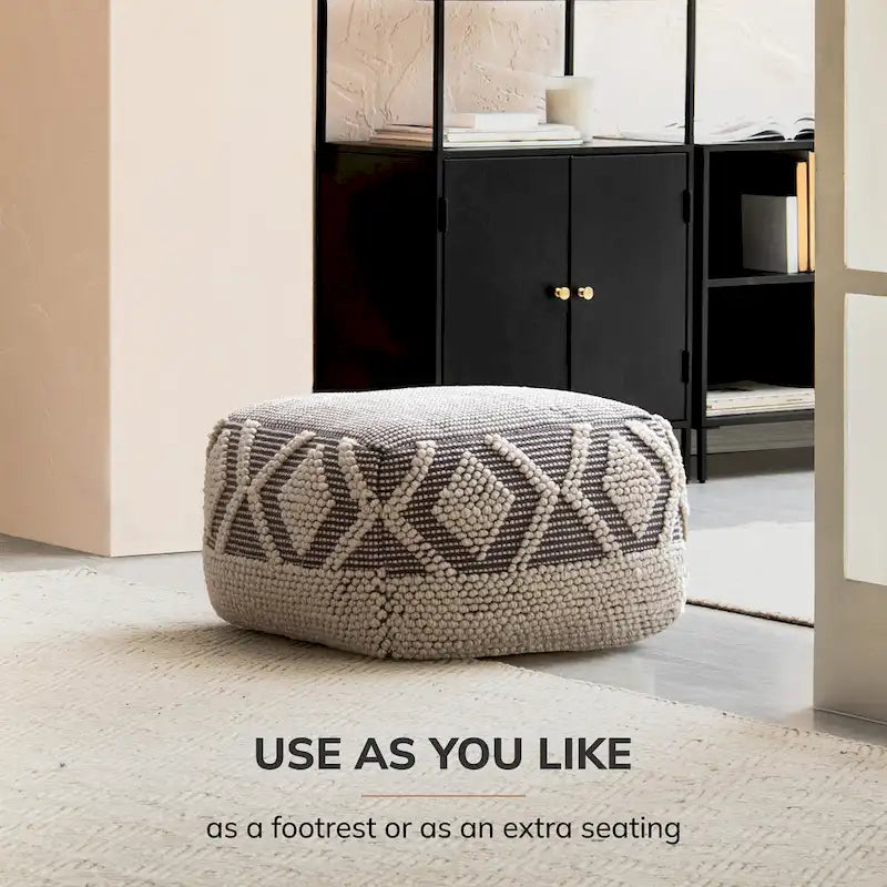Pouf ottoman carré gris et ivoire - Repose-pieds fait main