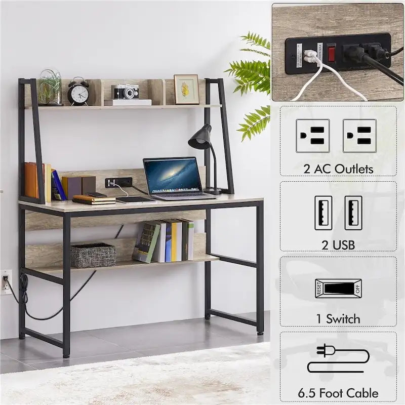 Bureau d'ordinateur de maison avec prise de courant et étagère surélevée