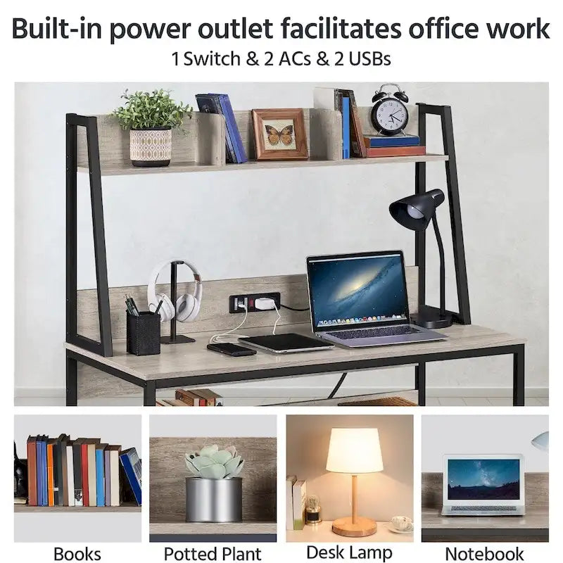 Bureau d'ordinateur de maison avec prise de courant et étagère surélevée