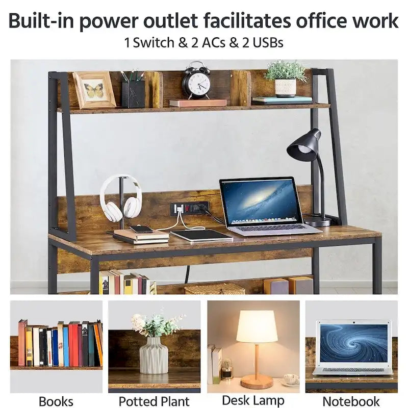 Bureau d'ordinateur de maison avec prise de courant et étagère surélevée
