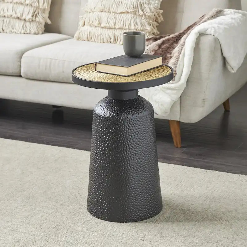 Table d'appoint en métal faite à la main avec plateau en corde noire